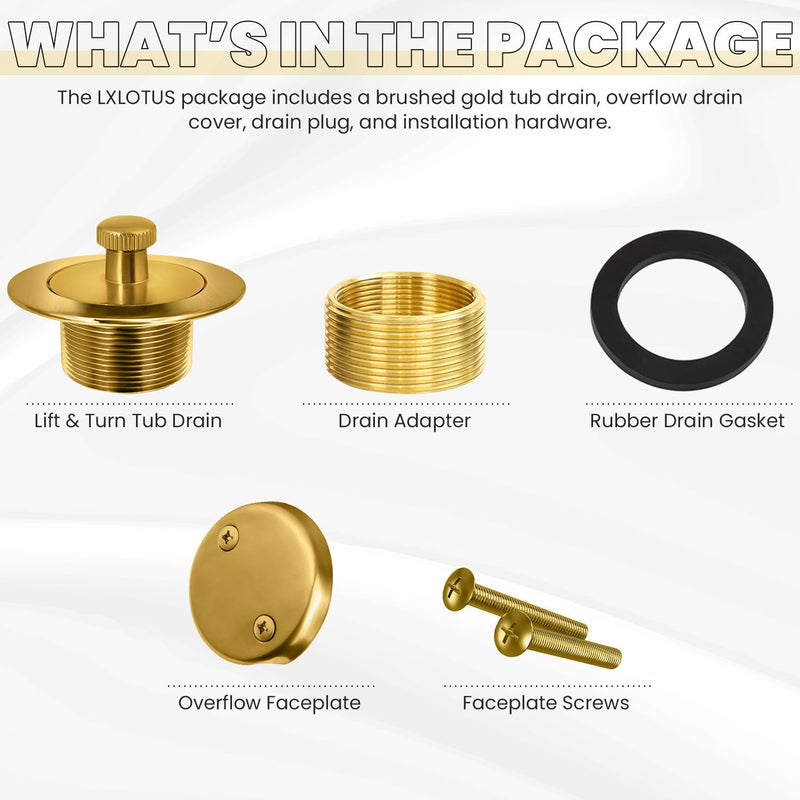 Brushed Gold Bathtub Drain - Lift and Turn - Gold/Brass Tub Drain, Overflow Drain Cover, and Tub Drain Replacement Kit - Solid Brass - Professional Grade - Fits 1-3/8" and 1-1/2" Brushed Gold