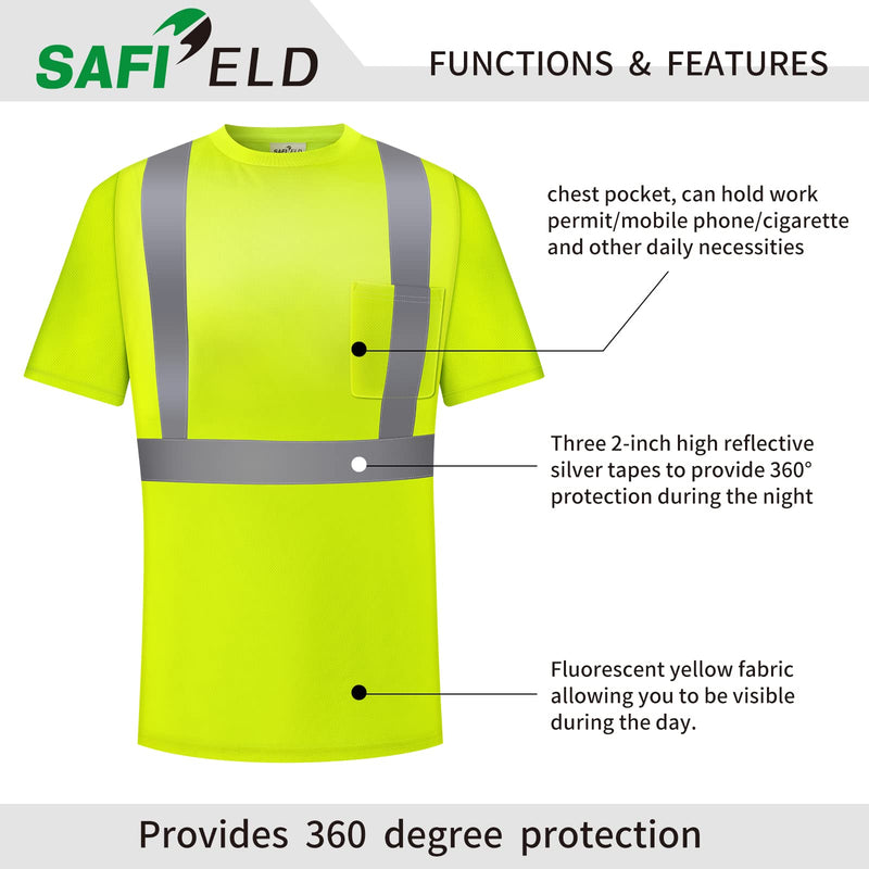 Hi Vis Safety Shirts for Men Reflective,High Visibility Work T-Shirt Short Long Sleeve with Pocket, 3 and 5 Pack Large Neon Yellow-5p