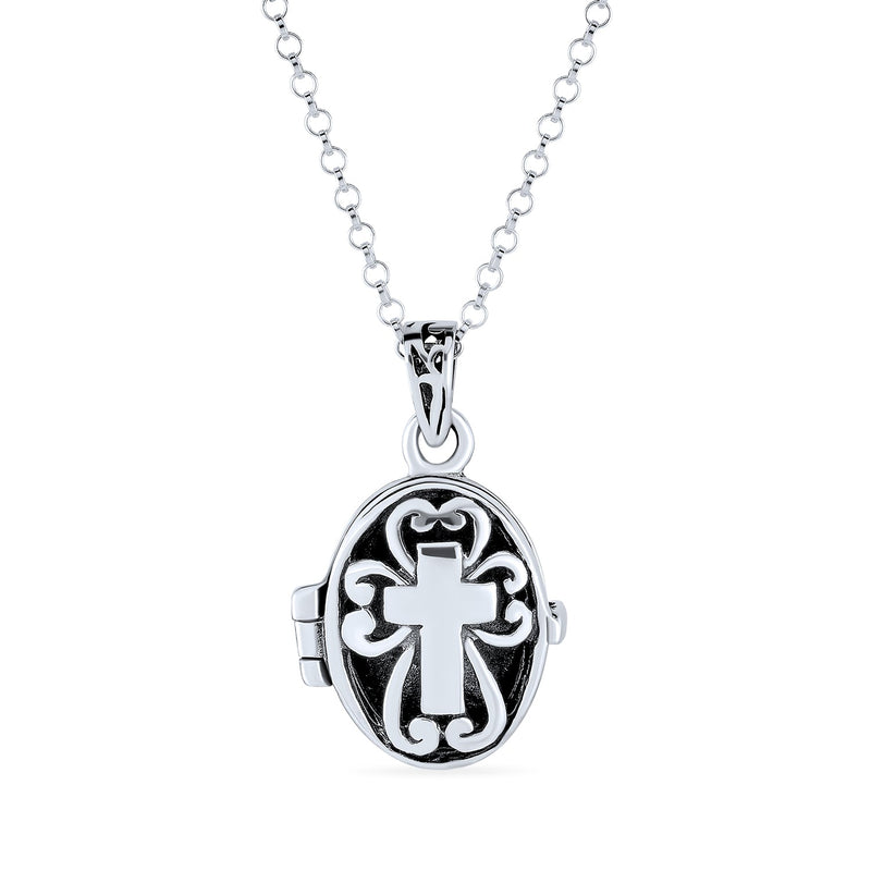 Bling Jewelry Sterling Silver Religious Christian Cross Shape Prayer Box Locket Necklace for Women Memorial Momenta Holder Pendant