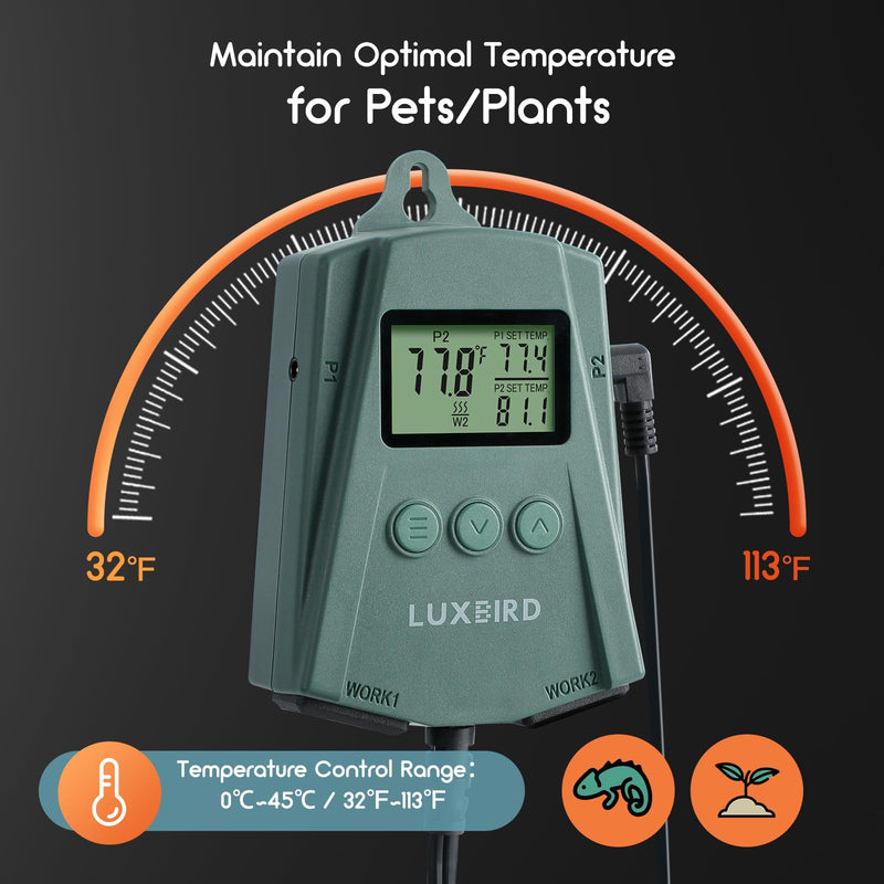 [Australia - AusPower] - LUXBIRD Reptile Thermostat Controller (250w Per Outlet), Digital Thermostat for Turtles, Lizards, Frogs, and Other Reptiles (Power Off Memory New) LB-2SC New Ver. 