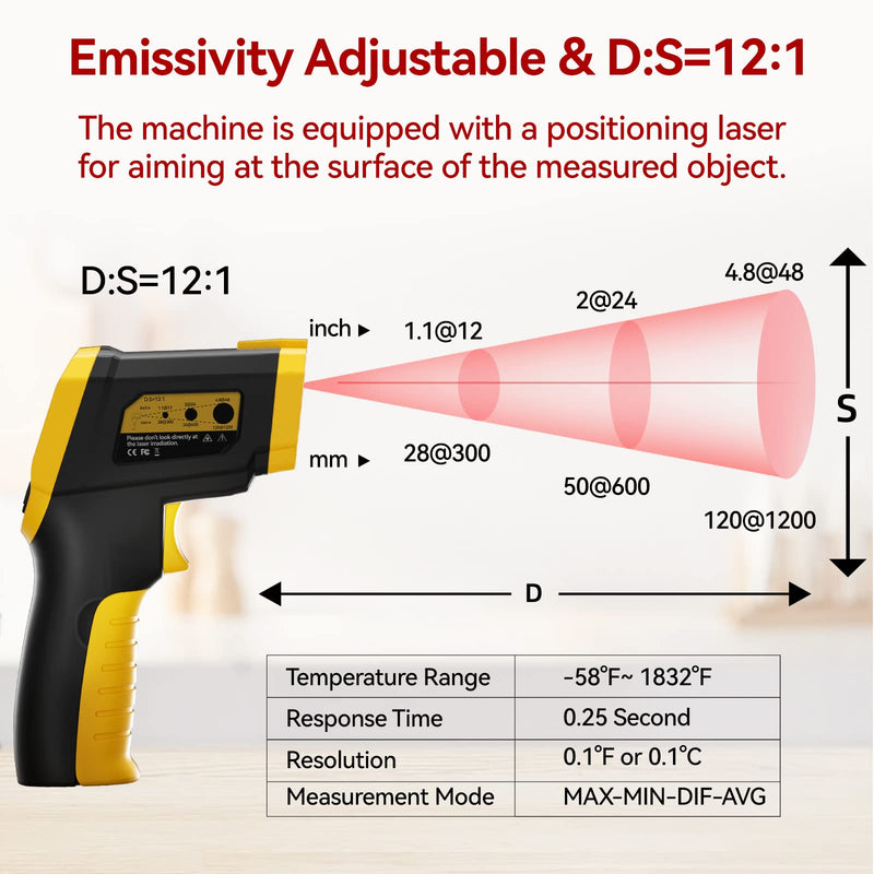 [Australia - AusPower] - Infrared Thermometer -58°F ~1832°F(-50°C ~ 1000°C), Temperature Gun for Cooking, Laser IR Surface Tool for Pizza Oven, Meat, Engine, Accessories, with 3 Adjustable Emissivity Max Min Avg Measure Yellow+Black 