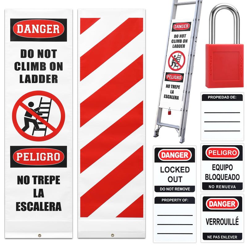 Spanish Bilingual Danger Do Not Climb On Ladder Cover Wrap - 87" Length x 13" Width Vinyl Safety Shield with Lock for Industrial Warehouses, Construction Sites