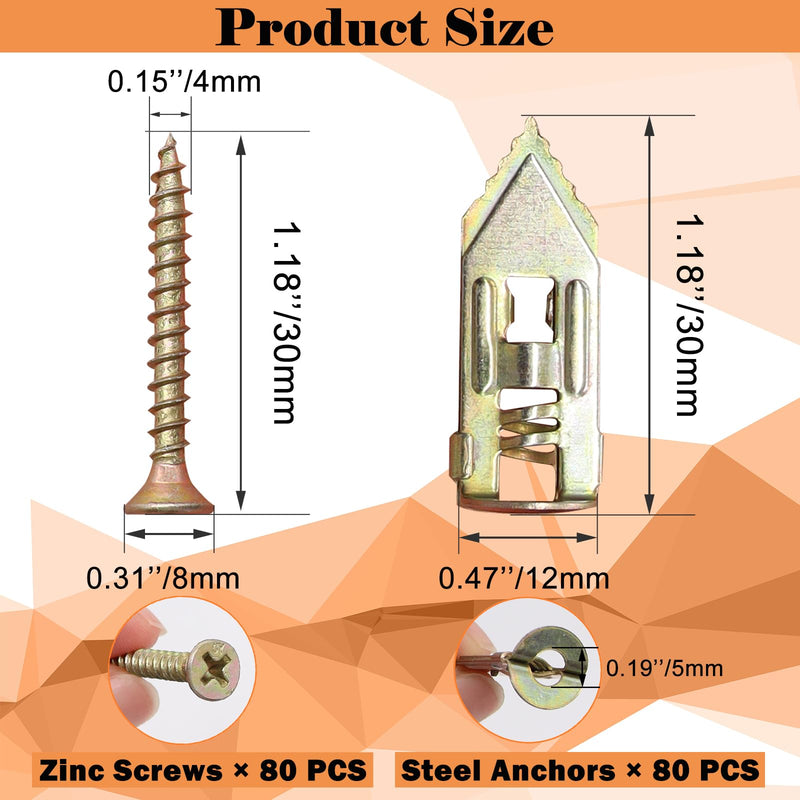 [Australia - AusPower] - 160 PCS Self-Drilling Drywall Anchors with Screws 2024 Upgraded Zinc Plated Steel Hollow Wall Anchors(0.47X1.18inch) and Screws, Easy Application No Drill or Holes in Wall 160 