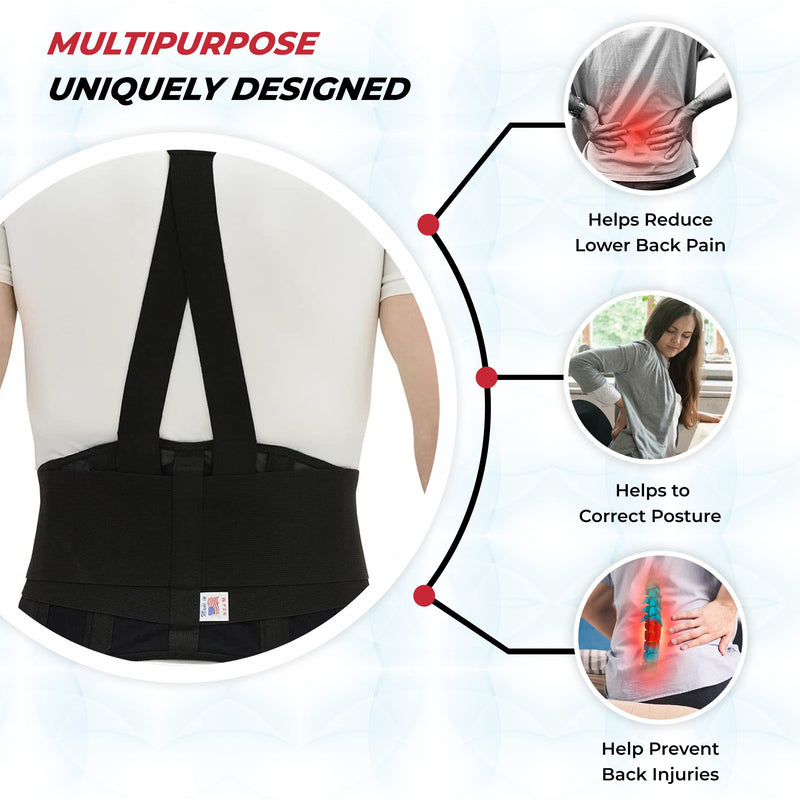 [Australia - AusPower] - Industrial Back Brace for Work, Adjustable Double Pull & Removable Suspenders/Straps, Ideal for Lumbosacral Back Pain Relief & Heavy Lifting, 8" Wide, Unisex (Black, Large) 