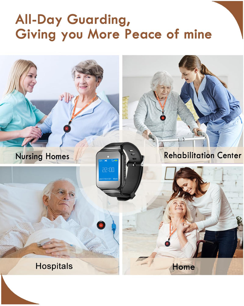 [Australia - AusPower] - CallToU Wireless Caregiver Pager Call Button 500+Feet Nurse Alert System for Elderly Monitoring Waterproof Call Bell for Home 1 Receiver Wrist Pager 2 SOS Call Buttons 2 call buttons + 1 watch receiver 
