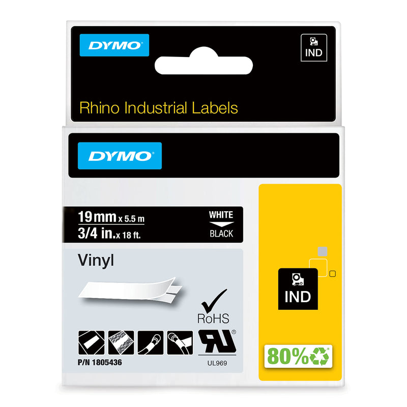 DYMO Rhino Industrial Vinyl Labels, 3/4", White Print on Black Tape White on Black 3/4" (19MM)