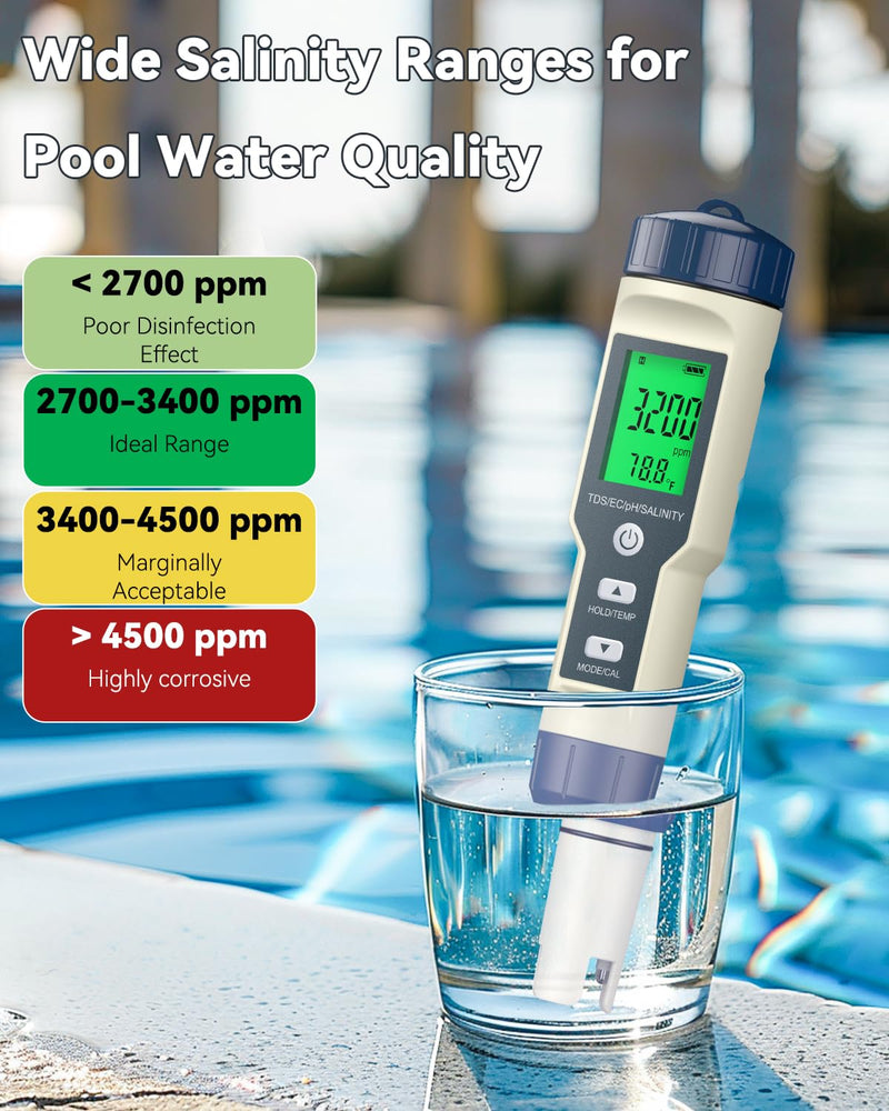 [Australia - AusPower] - Pawfly Pool Salt Tester & pH Meter, 5 in 1 pH Salinity TDS EC & Temperature Meter, Digital Salinity Tester TDS Meter for Swimming Pool Drinking Water Aquarium Hot Tub Saltwater & Spa 5-in-1 Digital Water Tester 