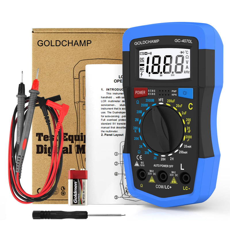 Capacitor Tester 2000pF~200uF, 200~2000M0 0hm Multimeter Capacitance Meter, LCR Meter, hFE Test Multimeter, Manual Range, Backlight, Auto Power Off, Testing Meter Tool GC-4070L 2 Packs