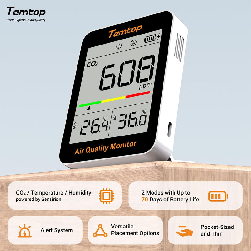 Temtop C1 CO₂ Meter with CO2 Monitor, Thermometer & Hygrometer - Precise Measurement for Air Quality in Home, Office, School Without APP CO₂ Temp. & Humidity
