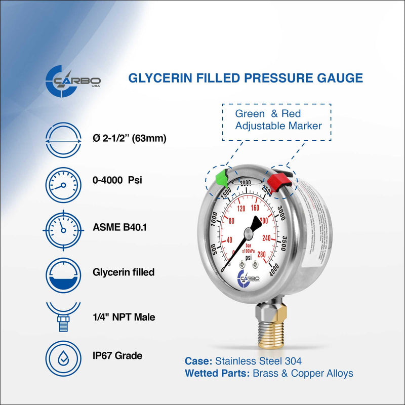 [Australia - AusPower] - Stainless Steel Pressure Gauge Dual Display (0-4000 psi/kPa) - 2 1-2" Glycerine Liquid Filled Water Air Oil Gas Gauge with Polycarbonate Lens & Brass Connection- 1/4" NPT Lower Mount 0-4000 psi 