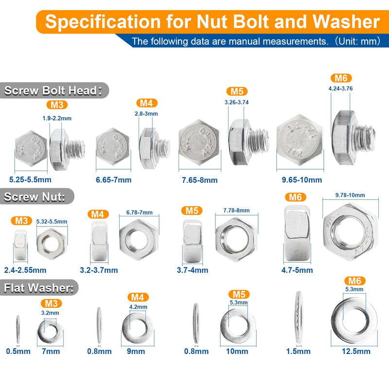 [Australia - AusPower] - NINDEJIN 552 PCS M3 M4 M5 M6 Hex Head Bolts and Nuts Set, 304 Stainless Steel External Hexagonal Bolts Set with Nuts and Washers, Heavy Duty Hex Head Cap Bolts and Nuts Kit with Storage Box 
