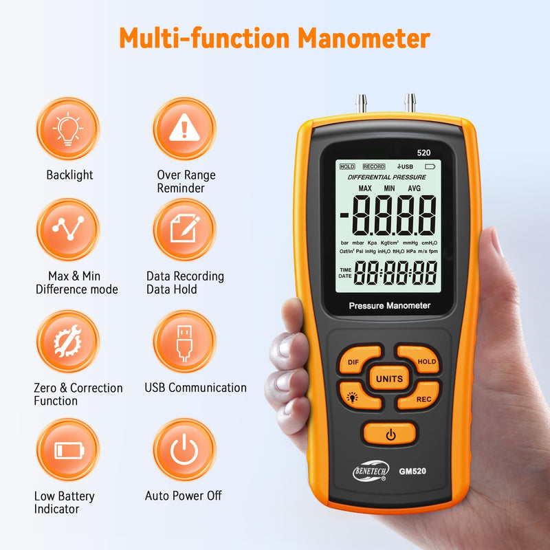 Digital Manometer Gas Pressure Tester, Professional Air Pressure Meter, Differential Pressure Gauge for HVAC, Gas Valve (GM520) GM520X
