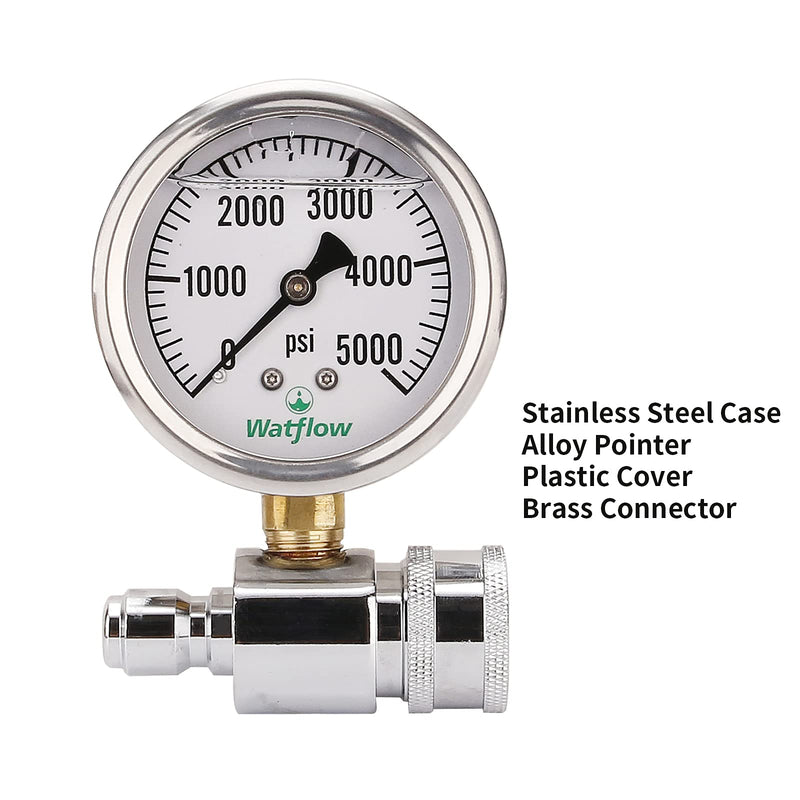 2-1/2" Pressure Washer Pressure Gauge Kit, 3/8 Inch Quick Connect, 0-5000 PSI, Liquid Filled