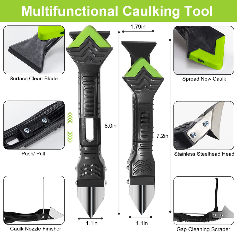 [Australia - AusPower] - Caulking Tool 5 in 1 Silicone Caulking Grout Removal Tool Sealant Finishing Tool with Grout Scraper, 6 Exchange Silicone Pads, Adhesive Residue Scraper Seam Repair Tool Kit for Kitchen Bathroom Green 