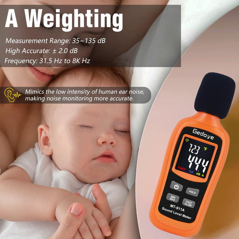 [Australia - AusPower] - Noise Decibel Meter, Gedaye Sound Level Meter, Range 35-135dBA, SPL Meter with A Weighted, Data Hold MAX/MIN Fast/Slow, for Classroom Workshop dB Reader Monitor Audio Measure Device Sound Detector Orange MT911 