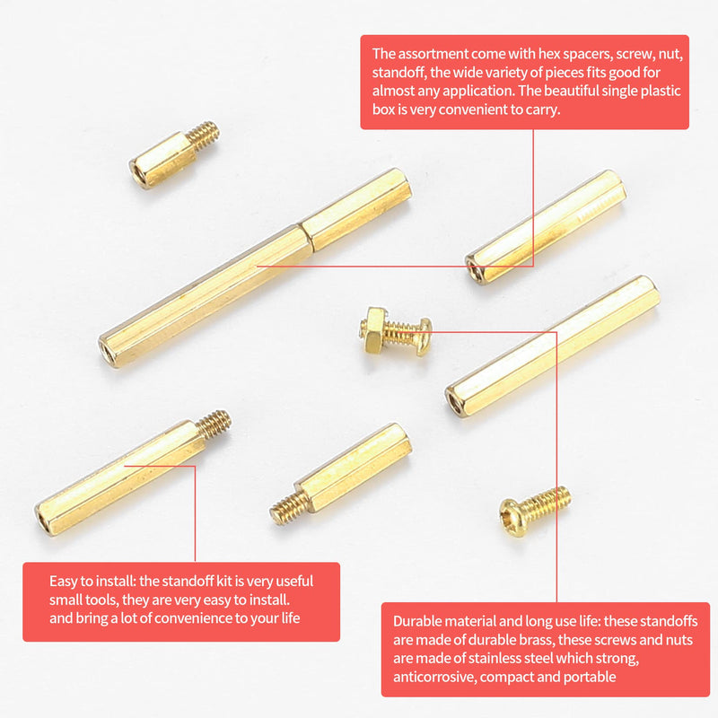 [Australia - AusPower] - 330 Pcs M2 Male Female Brass Hex Spacer Standoffs Screws Nuts, Brass Spacer Hex Column Screw Nut Assortment Kit, Threaded Pillar Standoffs Screws for PCB Circuit Board Motherboard Standoffs Spacer 