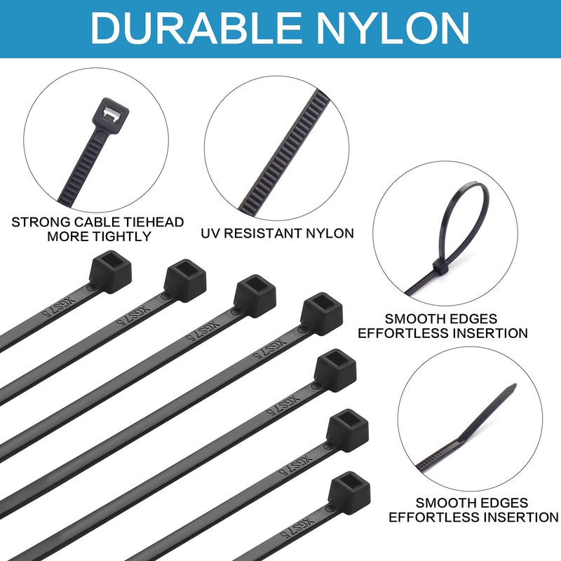 [Australia - AusPower] - 1000 Pcs Zip Ties, 6 Inch Self-Locking Nylon Cable Ties, Premium Heavy Duty Plastic Wire Ties Wraps for Indoor and Outdoor (Black) 6" Black 