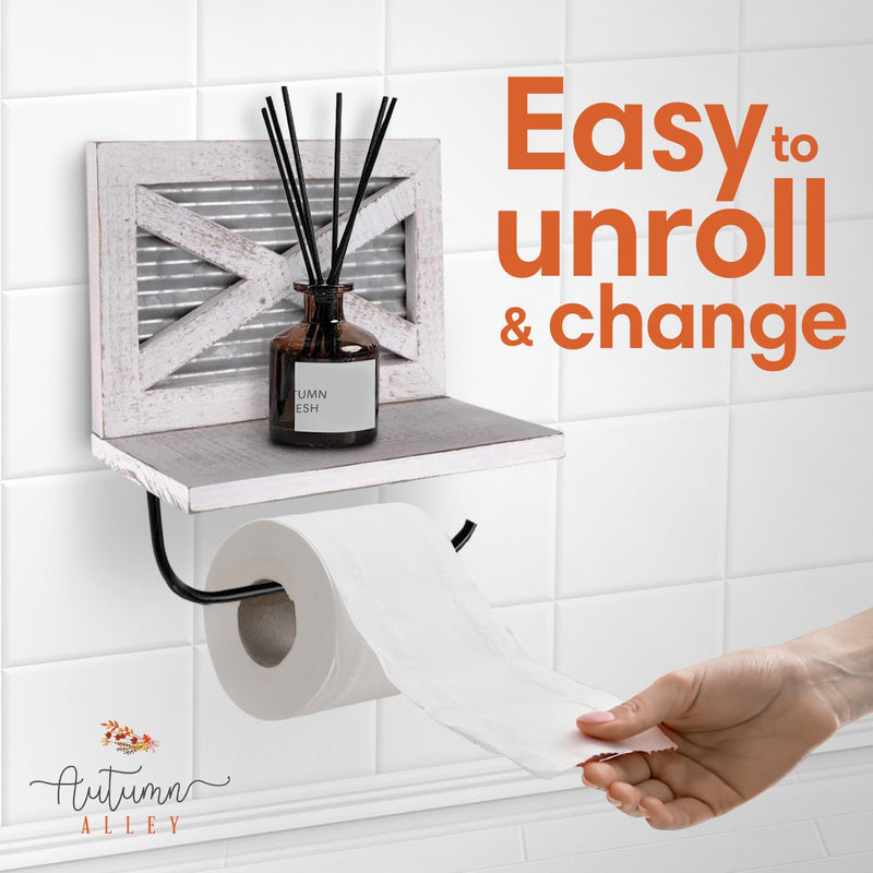 Autumn Alley White Farmhouse Toilet Paper Holder with Shelf for Wipes - Wooden Farmhouse Bathroom Decor - Shabby Chic Bathroom Accessories and Western Bathroom Decor Wall Mounted, White Wood No bracket