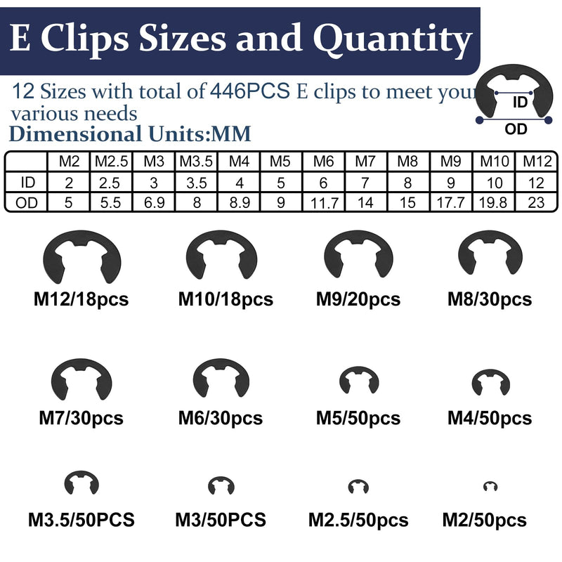 [Australia - AusPower] - ZQZ 840Pcs C Clips Assortment (M5-M16) and E Clips Assortment Set (2.0mm-12mm), External Retaining Rings, 24 Sizes Snap Rings Assortment Kit, Black Carbon Steel Circlip Retaining Clip Black carbon 840pcs e-clips+c-clips 