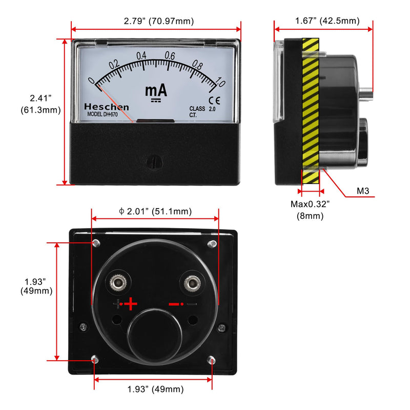 [Australia - AusPower] - Heschen Rectangle Panel Mounted Current Meter Ammeter Tester DH-670 DC 0-1mA Class 2.0 CE listed 