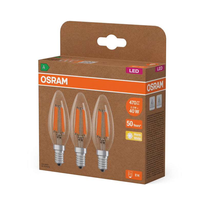 Osram High Efficiency LED Bulbs with Energy Efficiency Class A, Value Pack with 3 Bulbs, Replaces Conventional 40 W Bulbs, Candle Shape, Warm White (2700 K), E14, Filament Glass Clear 3-Pack 40 W warm white