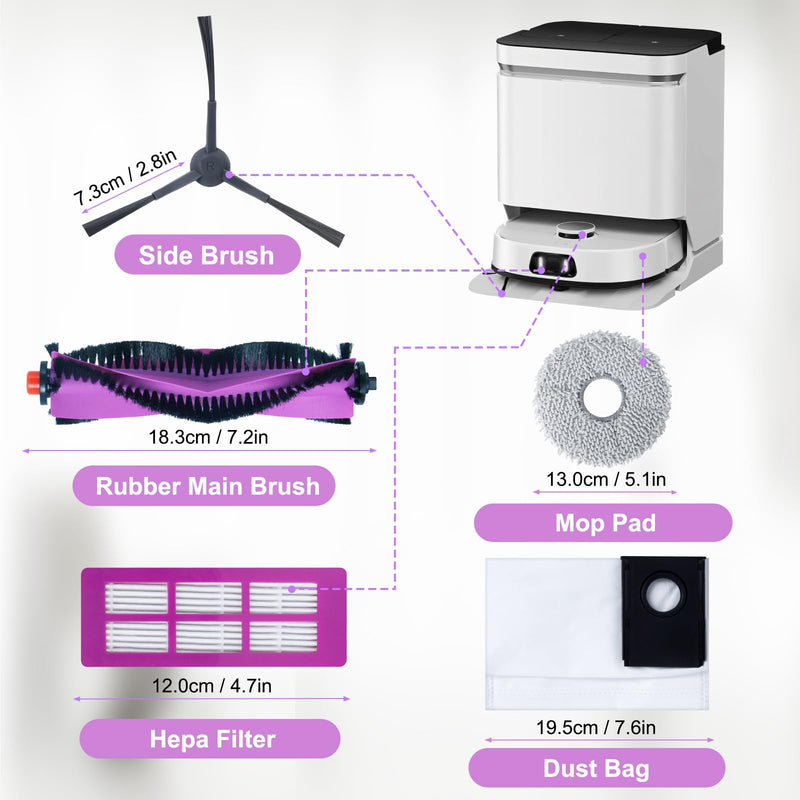 [Australia - AusPower] - Accessories Kit for Eureka J15 Pro Ultra Robot Vacuum Cleaner Replacement Parts. 1 Main Roller Brush, 4 Hepa Filters, 4 Mop Pads, 4 Side Brushes, 4 Dust Bags, 1 Brush 