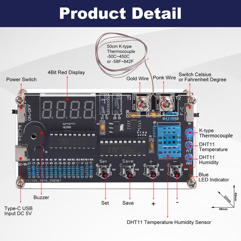 [Australia - AusPower] - Thermocouple Thermometer DIY Kit, DC 4.5-5V Digital Temperature Humidity Sensor Soldering Project with High Low Temperature Warning -58℉ to 842℉ Thermocouple Soldering Kit for Back to School Education 