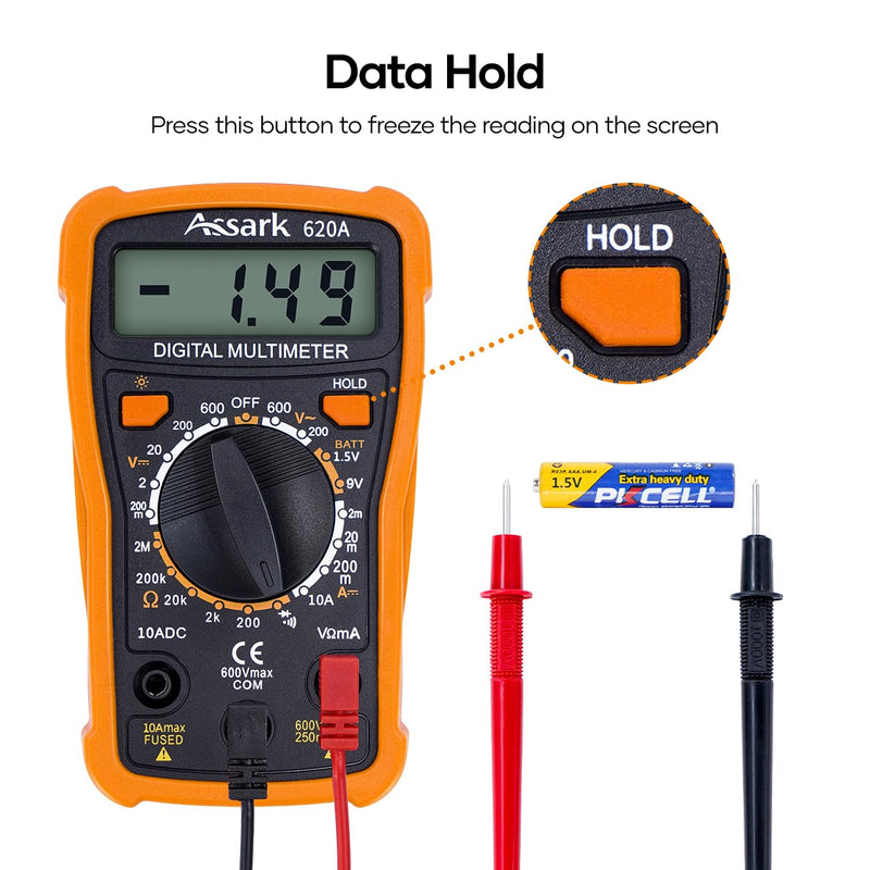 [Australia - AusPower] - Digital Multimeter Voltage Tester, Assark 2000 Counts Multimeter Measure AC DC Voltage DC Current, Meter Tester Test Volt Ohm Amp Diode Continuity,Resistance,Backlit LCD Display,Data Hold Function 