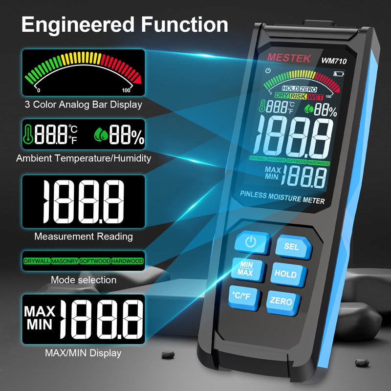 [Australia - AusPower] - MESTEK Pinless Wood Moisture Meters for Drywall, Water Leak Detector, Wall Moisture Tester for Lumber Concrete Building, Wall Moisture Sensor Digital Humidity Tester for Firewood 