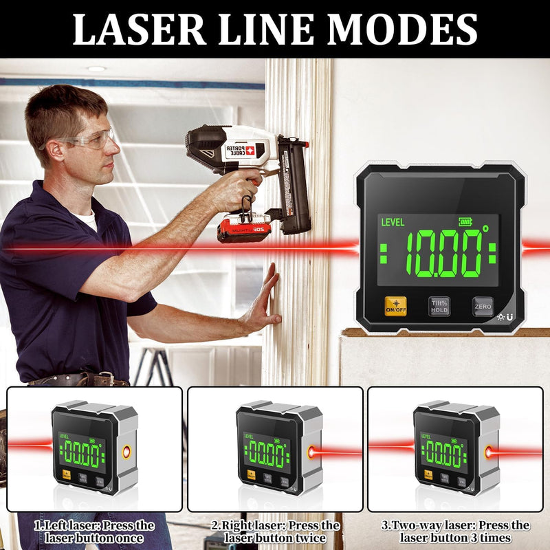 4-Sided Magnetic Digital Protractor with Laser | Digital inclinometer with LCD display, IP54 waterproof, ±0.2° precision inclinometer for construction, machines, DIY work Black