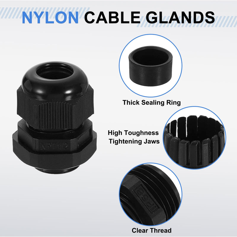 [Australia - AusPower] - uxcell 12Pcs NPT 1/2" Nylon Cable Glands, Waterproof Cord Grip Connector, Adjustable 6-11mm Wire Grommet Protectors with Gaskets and Locknut for Junction Box, Black NPT 1/2" 
