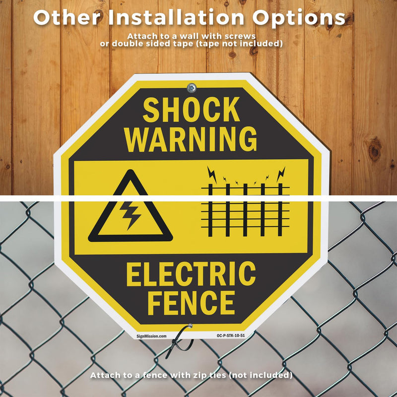 Shock Warning Electric Fence (2 Pack) 10 inch X 10 inch Octagon Aluminum Metal Signs with Aluminum Mounting Stakes Weather Resistant UV Protected for Workplace Private Property and Construction Site