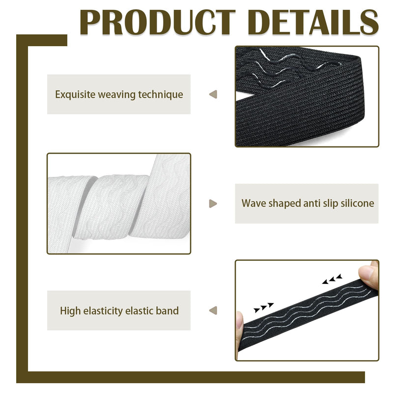 2 Rolls Silicone Gripper Elastic Band for Sewing, 1 in x 5 Yds, Non Slip Wave Silicone Grip Tape Stretchy Ribbon for Clothing Pants Waistband Wig Making, Black + White Black + White: 1 In x 5 Yds