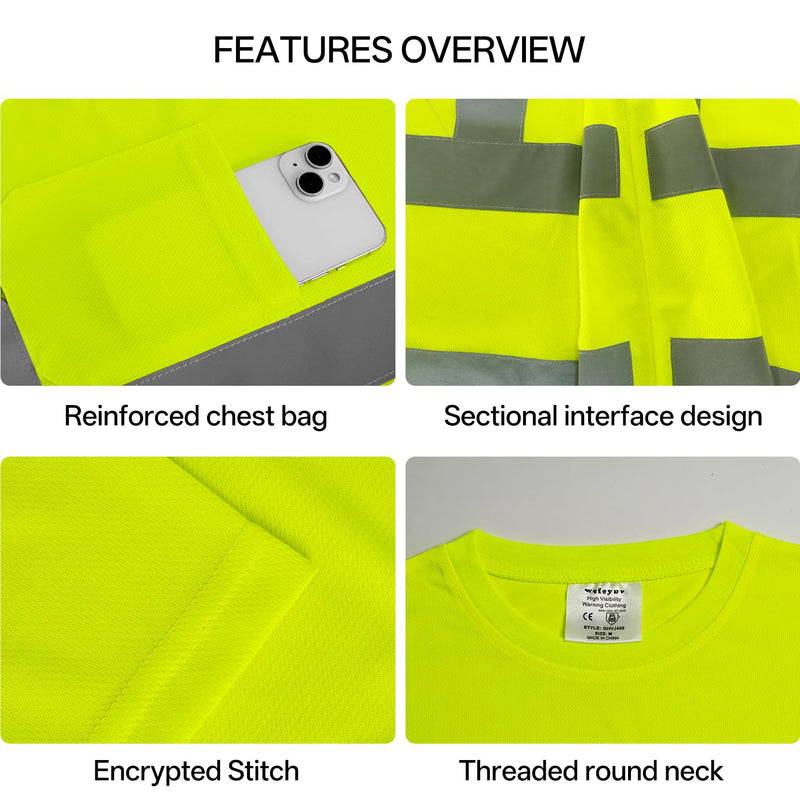 wefeyuv High Visibility Shirts for Men & Women, Short Sleeve Class 2 Safety T Shirts with Reflective Strips and Pocket, Durable & Breathable for Construction Work Use, Yellow, 2XL XX-Large Hi-vis Yellow