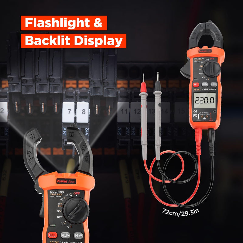 [Australia - AusPower] - PowerBear Digital Clamp Meter Multimeter 6000 Counts for AC/DC Current & Voltage, Auto-ranging Amp Tester, Measures Resistance, Capacitance, Continuity, TRMS, Temperature, NCV Detection 