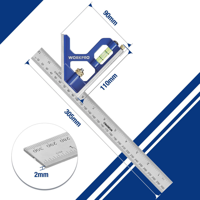 [Australia - AusPower] - WORKPRO Combination Square 300 mm, Try Square Universal Angle with Spirit Level and Scribe Needle, Adjustable Protractor Made of Stainless Steel 90/45 Degree Measuring Tool with Zinc Alloy Handle 300mm 