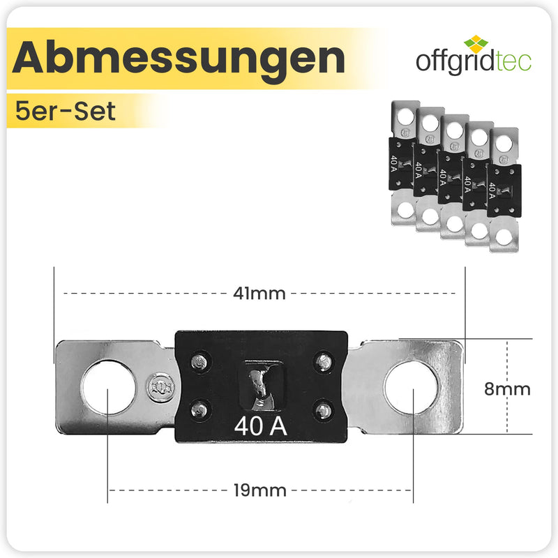 [Australia - AusPower] - Offgridtec Set of 5 Mega Fuses 40A 32V, DC High Current Fuses for 12V/24V Systems, Overload & Short Circuit Protection, Copper Core, Nylon Housing, Universal Fit for Inverter & Battery Cables 5er Set 40A 