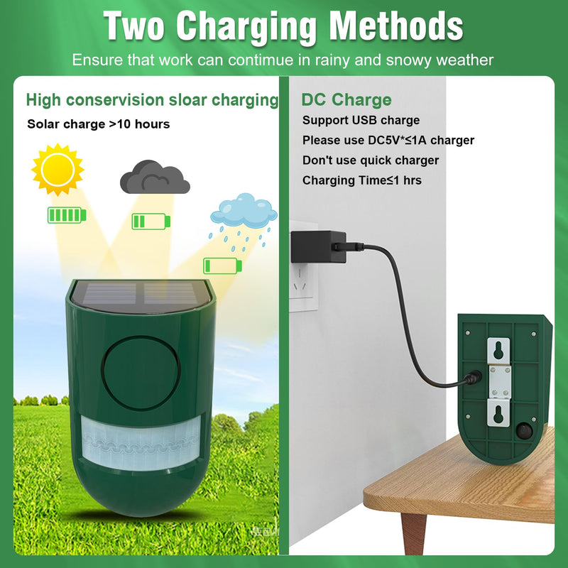 ChunHee Solar Motion Sensor Alarm Outdoor 4 Working Mode Motion Activated Alarm 129dB Loud Sound Noise Maker IP65 Waterproof Motion Detector with Strobe Light for Yard Farm Garden 2PC Green-2 PC