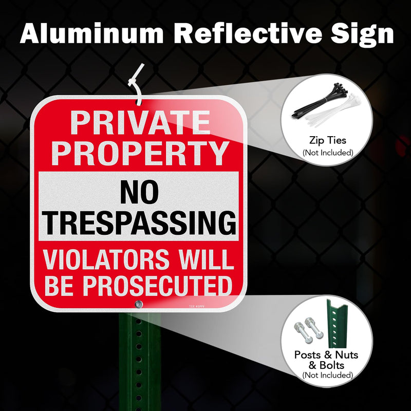 T&R Large (4 Pack) Private Property No Trespassing Sign - 12 x 12 Inches .040 Aluminum - 2 Pre-Drilled Holes - UV Protected, Waterproof and Fade Resistant RED - 12" x 12" - 4 Pack