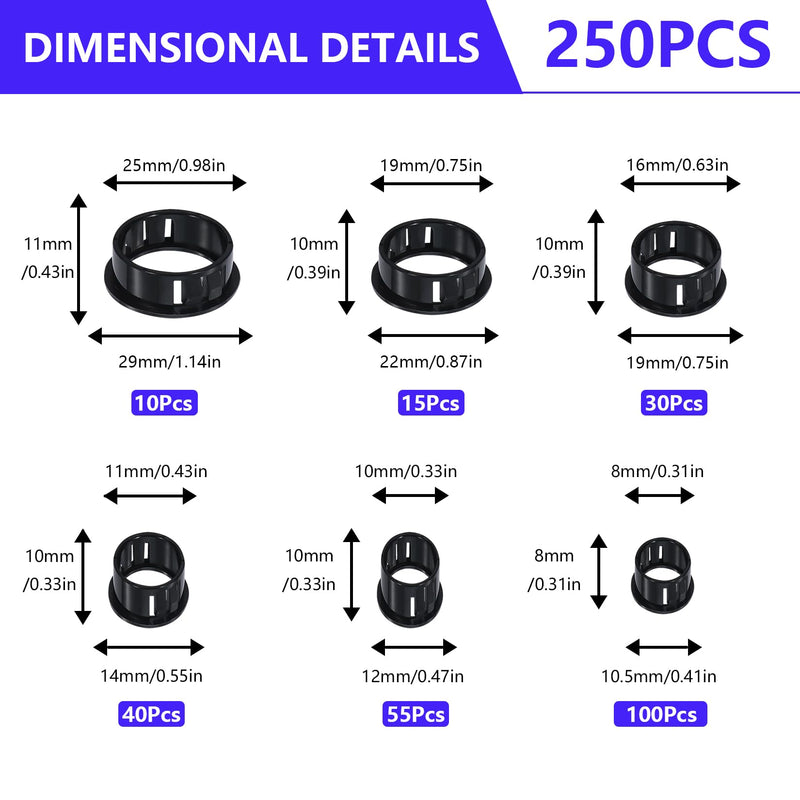 250 Pcs Cable Snap Bushing Grommets, Black Round Nylon Snap in Cable Grommet Protector, 5/16" 3/8" 1/2" 5/8" 3/4" 1" Cable Snap Hole Plugs Locking Bushing Assortment Kit 250
