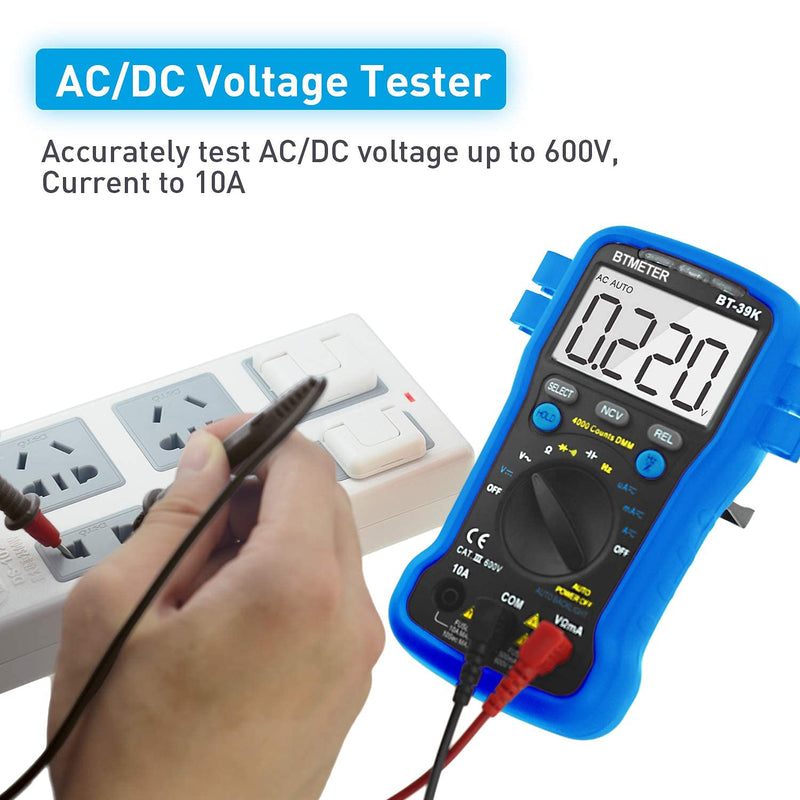 [Australia - AusPower] - BTMETER BT-39K Multimeter with Case, 4000 Count Volt Ohm Amp Meter Autoranging DMM for AC/DC Current, Voltage, Resistance Frequency Tester, with NCV, Audible Continuity, Diode, Auto Backlight Meter BT-39K w/o Temperature Test (Blue) 