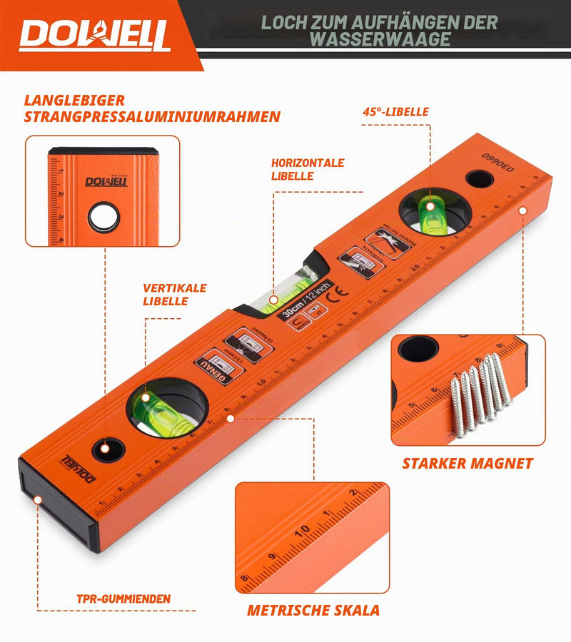 DOWELL Magnetic Spirit Level with Metric Scale 300 mm/12 Inches, 3 Different Levels - 45°/90°/180°