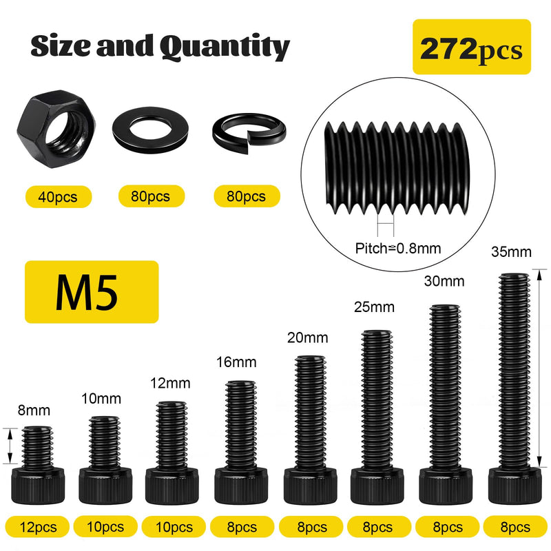 [Australia - AusPower] - 2300PCS M3 Screws with Nuts Assortment Kit and 272PCS M5 Hex Socket Head Bolts Assortment Kit, 12.9 & 10.9 Grade Alloy Steel Black Zinc Plated Screw for 3D Printer,DIY 