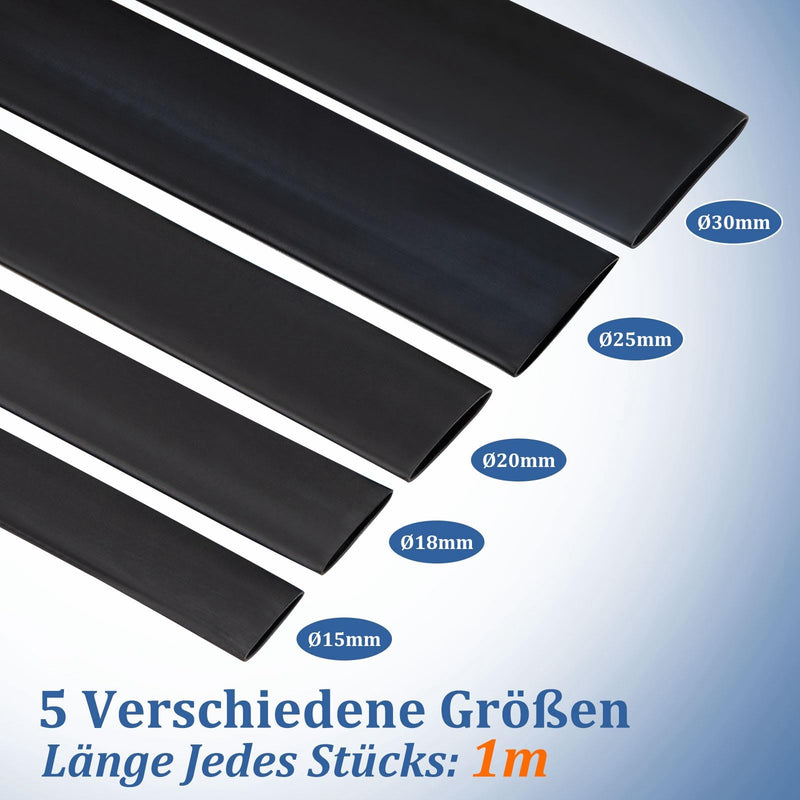 Heat Shrink Tube Set with Adhesive Waterproof Black | Polyolefin, 3:1 shrink rate, 5 sizes diameter 15/18/20/25/30 mm, inner melt adhesive