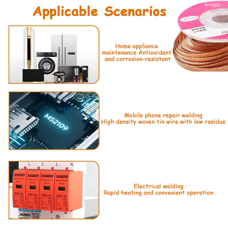 Soldering Wire, 4-Piece Desoldering Braid Set, Copper Desoldering Wire, No-Clean Desoldering Braid, 2 mm, 2.5 mm, 3 mm, 3.5 mm, Removal of Solder for Disassembling Electrical Components