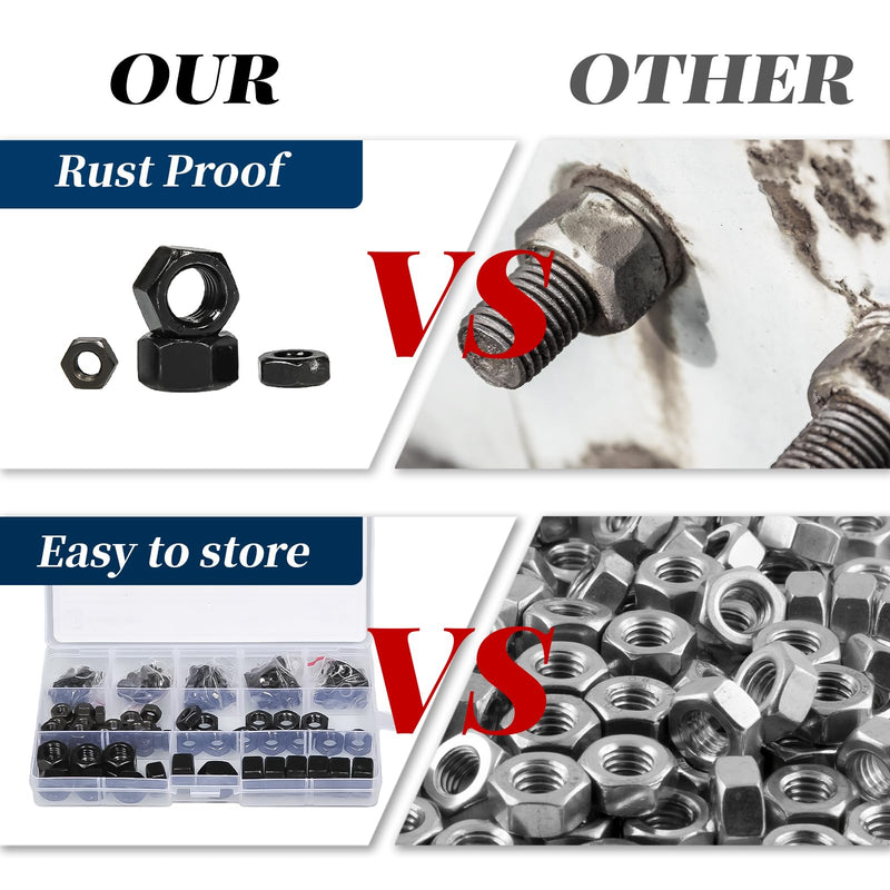 [Australia - AusPower] - 350PCS Carbon Steel Hex Nuts Assortment Kit, Metric M2-M12 Black Oxide Coated Hardware Nuts Set, Heavy-Duty Nuts for Bolts, Lock Washers & Automotive Repair Metric 350 PCS 