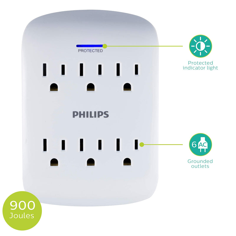 [Australia - AusPower] - Philips Philips 6-Outlet Extender Surge Protector, 900 Joules, 3 Prong, Space-Saving Design, Protected Indicator LED Light, 4 Pack, White, SPP3469WA/37 