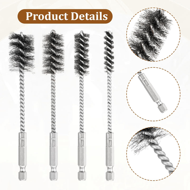 [Australia - AusPower] - 4 Pcs Stainless Steel Wire Brushes for Drill Stainless Steel Bore Brush Set 3/8'' 1/2'' 3/4'' 7/8'' Bristles Wire Brush with Hex Shank Handle for Drill Ports Tubes Bearings Cleaning Parts 