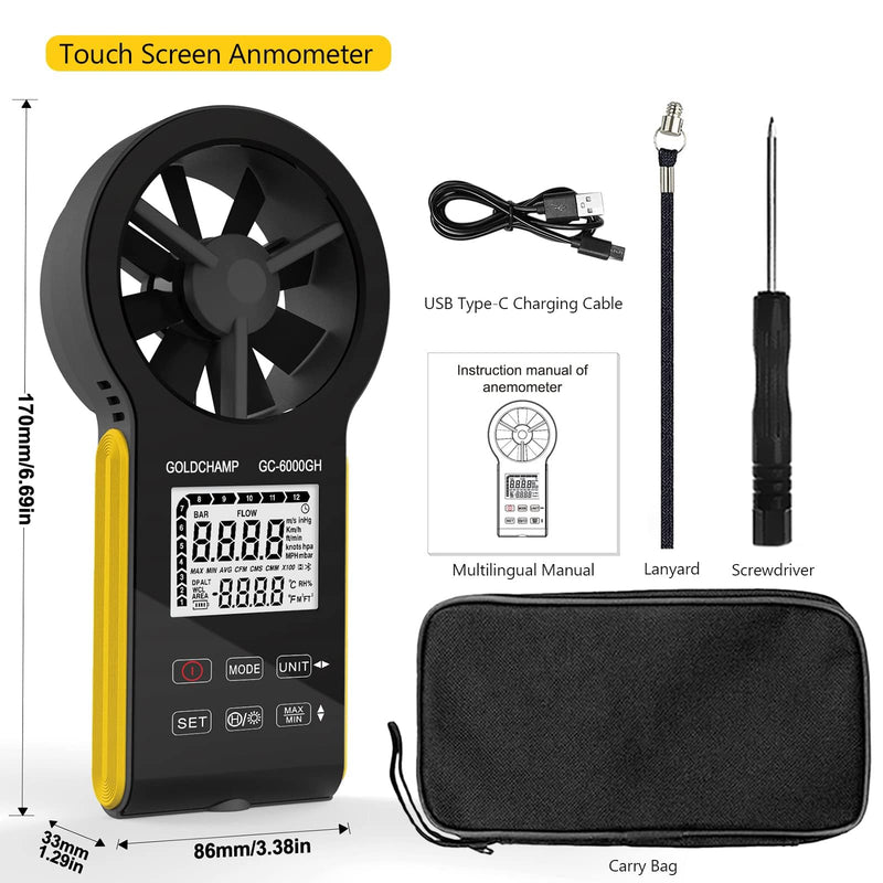 Digital Anemometer, CFM Rechargeable & Waterproof Anemometer Measures Wind Speed (0.3~30 m/s), Air Volume (0-999900 ft3/min) Touch Screen, Backlight Display for HVAC, Shooting