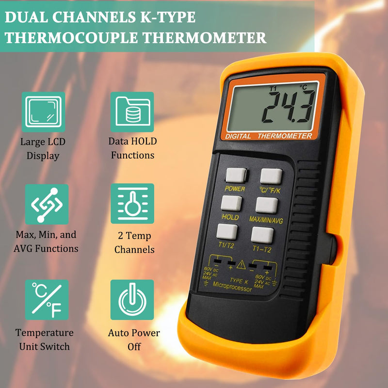 [Australia - AusPower] - K Type Thermocouple Thermometer Dual Channels Thermocouple Tester (-58~2372°F) High Accuracy Temperature Kelvin Scale Meter with 2X Temperature Clamp & 2X Pipe Thermocouple Probes K Type Thermocouple Thermometer 